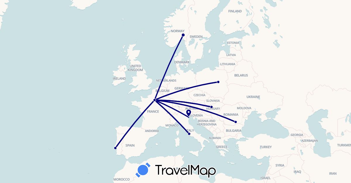TravelMap itinerary: driving in France, Hungary, Italy, Norway, Poland, Portugal, Romania (Europe)